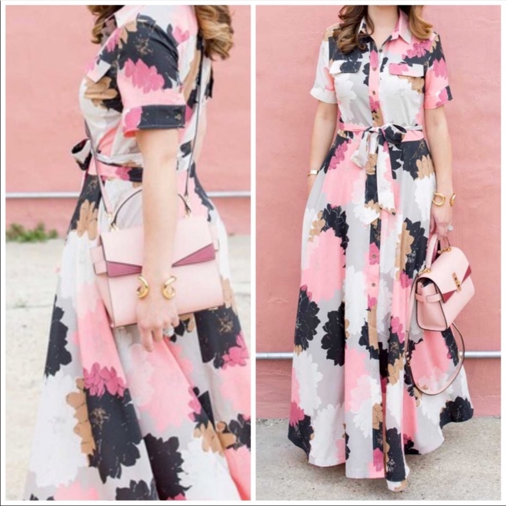 Banana Republic Pink Floral Maxi Shirt Dress
